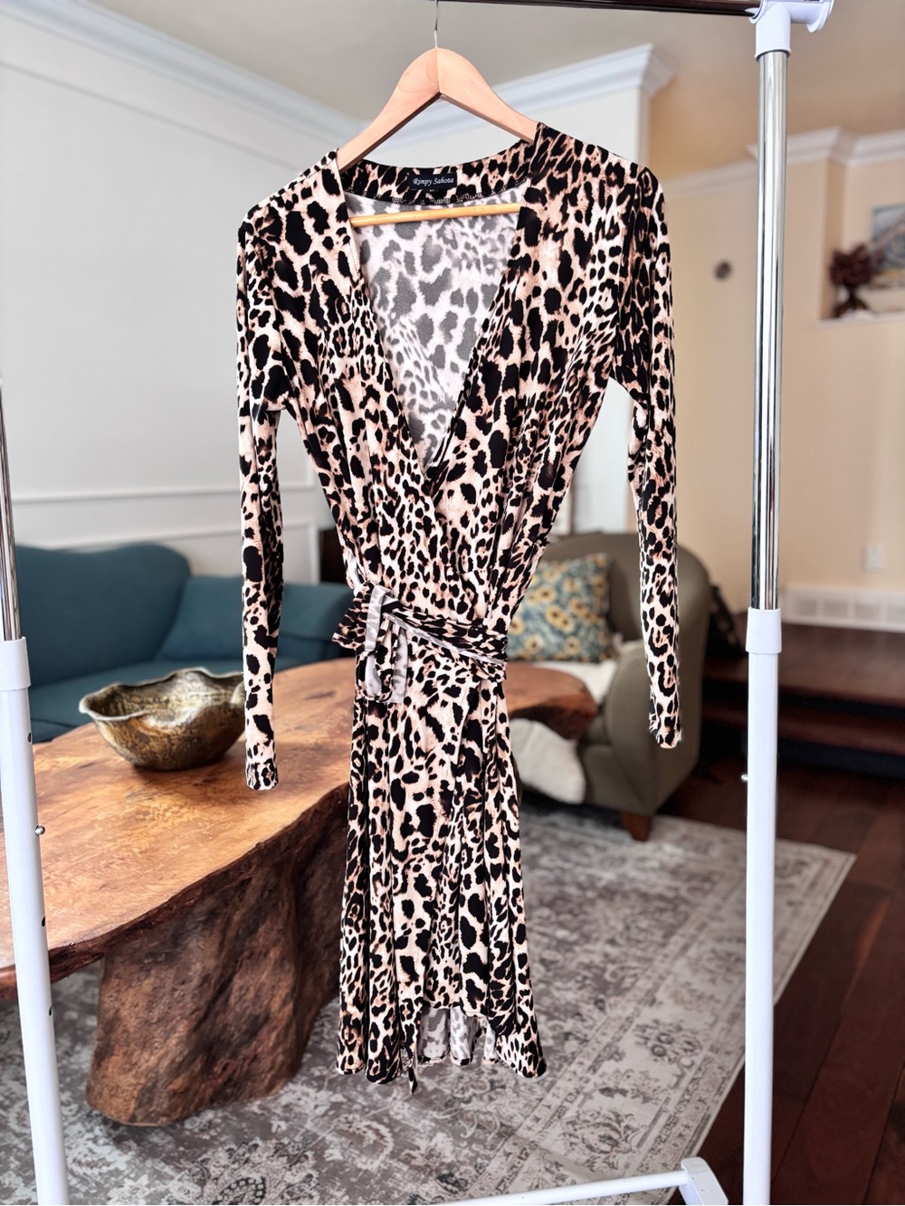 Leopard Print Wrap Dress - Beige/Black
